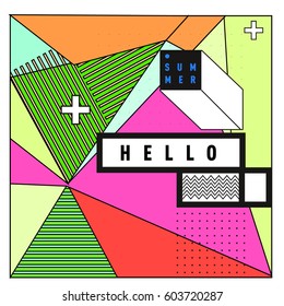 Trendy vector summer cards illustration with line elements and abstract colorful textures. Design for poster, card, invitation, brochure, and promotion template. Fashion art print and background.