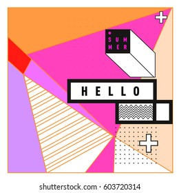 Trendy vector summer cards illustration with line elements and abstract colorful textures. Design for poster, card, invitation, brochure, and promotion template. Fashion art print and background.