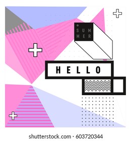 Trendy vector summer cards illustration with line elements and abstract colorful textures. Design for poster, card, invitation, brochure, and promotion template. Fashion art print and background.