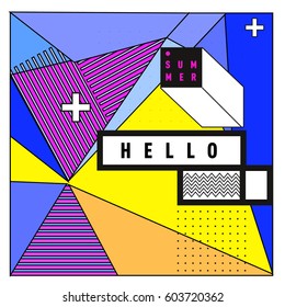 Trendy vector summer cards illustration with line elements and abstract colorful textures. Design for poster, card, invitation, brochure, and promotion template. Fashion art print and background.