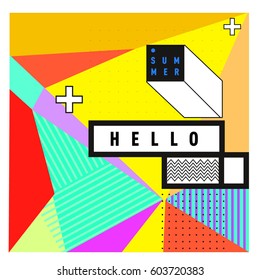 Trendy vector summer cards illustration with line elements and abstract colorful textures. Design for poster, card, invitation, brochure, and promotion template. Fashion art print and background.
