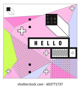 Trendy vector summer cards illustration with line elements and abstract colorful textures. Design for poster, card, invitation, brochure, and promotion template. Fashion art print and background.