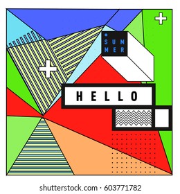 Trendy vector summer cards illustration with line elements and abstract colorful textures. Design for poster, card, invitation, brochure, and promotion template. Fashion art print and background.