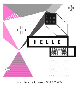 Trendy vector summer cards illustration with line elements and abstract colorful textures. Design for poster, card, invitation, brochure, and promotion template. Fashion art print and background.