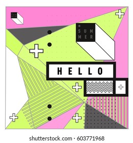 Trendy vector summer cards illustration with line elements and abstract colorful textures. Design for poster, card, invitation, brochure, and promotion template. Fashion art print and background.