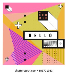 Trendy vector summer cards illustration with line elements and abstract colorful textures. Design for poster, card, invitation, brochure, and promotion template. Fashion art print and background.
