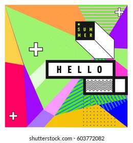 Trendy vector summer cards illustration with line elements and abstract colorful textures. Design for poster, card, invitation, brochure, and promotion template. Fashion art print and background.