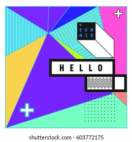 Trendy vector summer cards illustration with line elements and abstract colorful textures. Design for poster, card, invitation, brochure, and promotion template. Fashion art print and background.