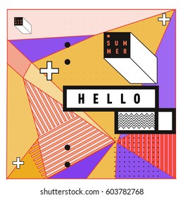 Trendy vector summer cards illustration with line elements and abstract colorful textures. Design for poster, card, invitation, brochure, and promotion template. Fashion art print and background.