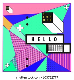 Trendy vector summer cards illustration with line elements and abstract colorful textures. Design for poster, card, invitation, brochure, and promotion template. Fashion art print and background.