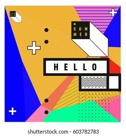 Trendy vector summer cards illustration with line elements and abstract colorful textures. Design for poster, card, invitation, brochure, and promotion template. Fashion art print and background.