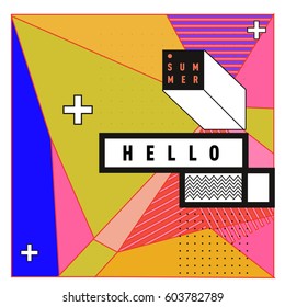 Trendy vector summer cards illustration with line elements and abstract colorful textures. Design for poster, card, invitation, brochure, and promotion template. Fashion art print and background.