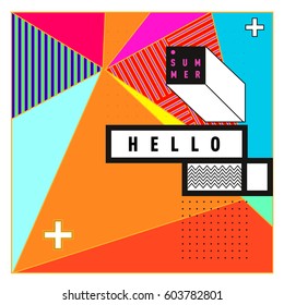 Trendy vector summer cards illustration with line elements and abstract colorful textures. Design for poster, card, invitation, brochure, and promotion template. Fashion art print and background.