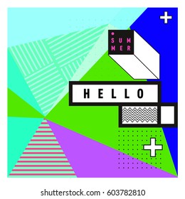 Trendy vector summer cards illustration with line elements and abstract colorful textures. Design for poster, card, invitation, brochure, and promotion template. Fashion art print and background.