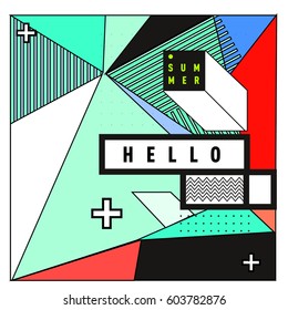 Trendy vector summer cards illustration with line elements and abstract colorful textures. Design for poster, card, invitation, brochure, and promotion template. Fashion art print and background.