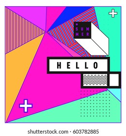 Trendy vector summer cards illustration with line elements and abstract colorful textures. Design for poster, card, invitation, brochure, and promotion template. Fashion art print and background.