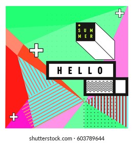Trendy vector summer cards illustration with line elements and abstract colorful textures. Design for poster, card, invitation, brochure, and promotion template. Fashion art print and background.
