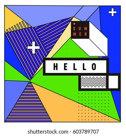 Trendy vector summer cards illustration with line elements and abstract colorful textures. Design for poster, card, invitation, brochure, and promotion template. Fashion art print and background.