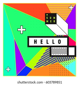 Trendy vector summer cards illustration with line elements and abstract colorful textures. Design for poster, card, invitation, brochure, and promotion template. Fashion art print and background.
