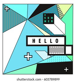 Trendy vector summer cards illustration with line elements and abstract colorful textures. Design for poster, card, invitation, brochure, and promotion template. Fashion art print and background.