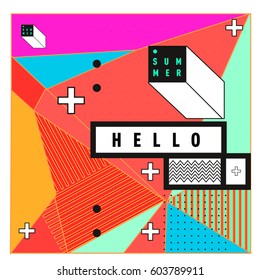 Trendy vector summer cards illustration with line elements and abstract colorful textures. Design for poster, card, invitation, brochure, and promotion template. Fashion art print and background.