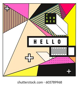 Trendy vector summer cards illustration with line elements and abstract colorful textures. Design for poster, card, invitation, brochure, and promotion template. Fashion art print and background.