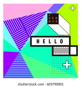 Trendy vector summer cards illustration with line elements and abstract colorful textures. Design for poster, card, invitation, brochure, and promotion template. Fashion art print and background.
