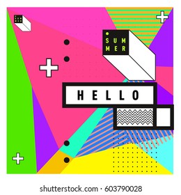 Trendy vector summer cards illustration with line elements and abstract colorful textures. Design for poster, card, invitation, brochure, and promotion template. Fashion art print and background.