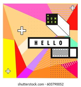 Trendy vector summer cards illustration with line elements and abstract colorful textures. Design for poster, card, invitation, brochure, and promotion template. Fashion art print and background.