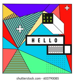 Trendy vector summer cards illustration with line elements and abstract colorful textures. Design for poster, card, invitation, brochure, and promotion template. Fashion art print and background.