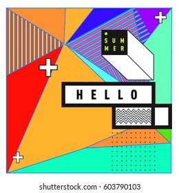 Trendy vector summer cards illustration with line elements and abstract colorful textures. Design for poster, card, invitation, brochure, and promotion template. Fashion art print and background.