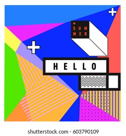 Trendy vector summer cards illustration with line elements and abstract colorful textures. Design for poster, card, invitation, brochure, and promotion template. Fashion art print and background.