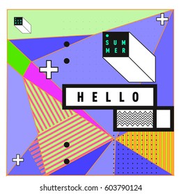 Trendy vector summer cards illustration with line elements and abstract colorful textures. Design for poster, card, invitation, brochure, and promotion template. Fashion art print and background.