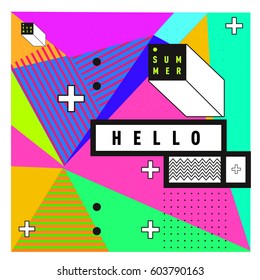 Trendy vector summer cards illustration with line elements and abstract colorful textures. Design for poster, card, invitation, brochure, and promotion template. Fashion art print and background.