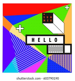 Trendy vector summer cards illustration with line elements and abstract colorful textures. Design for poster, card, invitation, brochure, and promotion template. Fashion art print and background.