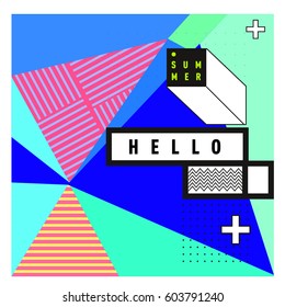Trendy vector summer cards illustration with line elements and abstract colorful textures. Design for poster, card, invitation, brochure, and promotion template. Fashion art print and background.
