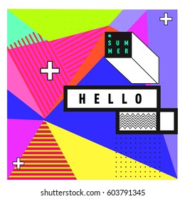 Trendy vector summer cards illustration with line elements and abstract colorful textures. Design for poster, card, invitation, brochure, and promotion template. Fashion art print and background.