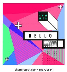 Trendy vector summer cards illustration with line elements and abstract colorful textures. Design for poster, card, invitation, brochure, and promotion template. Fashion art print and background.
