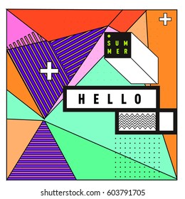 Trendy vector summer cards illustration with line elements and abstract colorful textures. Design for poster, card, invitation, brochure, and promotion template. Fashion art print and background.