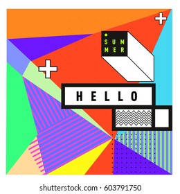 Trendy vector summer cards illustration with line elements and abstract colorful textures. Design for poster, card, invitation, brochure, and promotion template. Fashion art print and background.