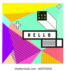 Trendy vector summer cards illustration with line elements and abstract colorful textures. Design for poster, card, invitation, brochure, and promotion template. Fashion art print and background.