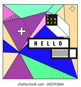 Trendy vector summer cards illustration with line elements and abstract colorful textures. Design for poster, card, invitation, brochure, and promotion template. Fashion art print and background.