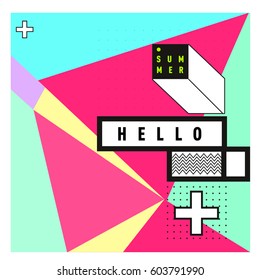 Trendy vector summer cards illustration with line elements and abstract colorful textures. Design for poster, card, invitation, brochure, and promotion template. Fashion art print and background.