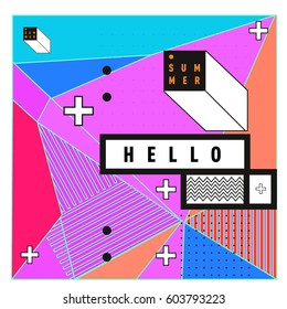 Trendy vector summer cards illustration with line elements and abstract colorful textures. Design for poster, card, invitation, brochure, and promotion template. Fashion art print and background.