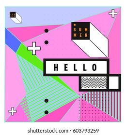 Trendy vector summer cards illustration with line elements and abstract colorful textures. Design for poster, card, invitation, brochure, and promotion template. Fashion art print and background.