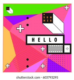 Trendy vector summer cards illustration with line elements and abstract colorful textures. Design for poster, card, invitation, brochure, and promotion template. Fashion art print and background.