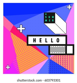 Trendy vector summer cards illustration with line elements and abstract colorful textures. Design for poster, card, invitation, brochure, and promotion template. Fashion art print and background.