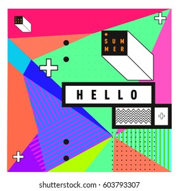 Trendy vector summer cards illustration with line elements and abstract colorful textures. Design for poster, card, invitation, brochure, and promotion template. Fashion art print and background.