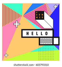 Trendy vector summer cards illustration with line elements and abstract colorful textures. Design for poster, card, invitation, brochure, and promotion template. Fashion art print and background.