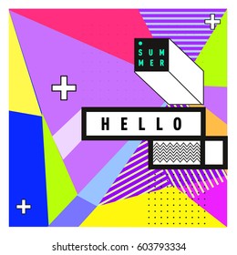 Trendy vector summer cards illustration with line elements and abstract colorful textures. Design for poster, card, invitation, brochure, and promotion template. Fashion art print and background.